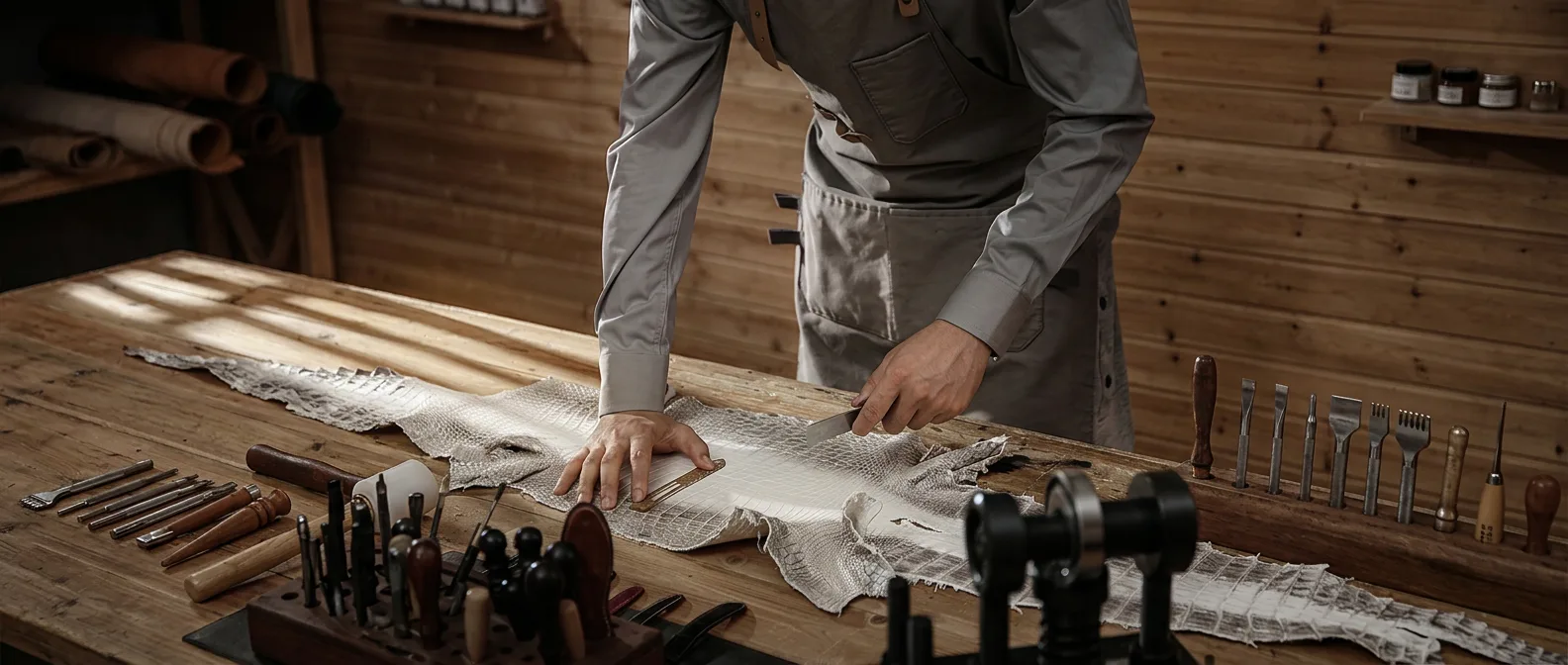 Artisan cutting white Himalayan crocodile leather on a wooden workbench
